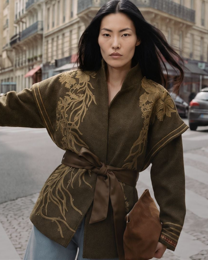 A woman stands on a city street wearing a brown kimono-style wrap jacket with gold embroidery, paired with light blue jeans and holding a brown leather bag.