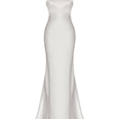 Nana Gotti Calva high neck white gown displayed on a mannequin, showcasing elegant design and fitted silhouette.