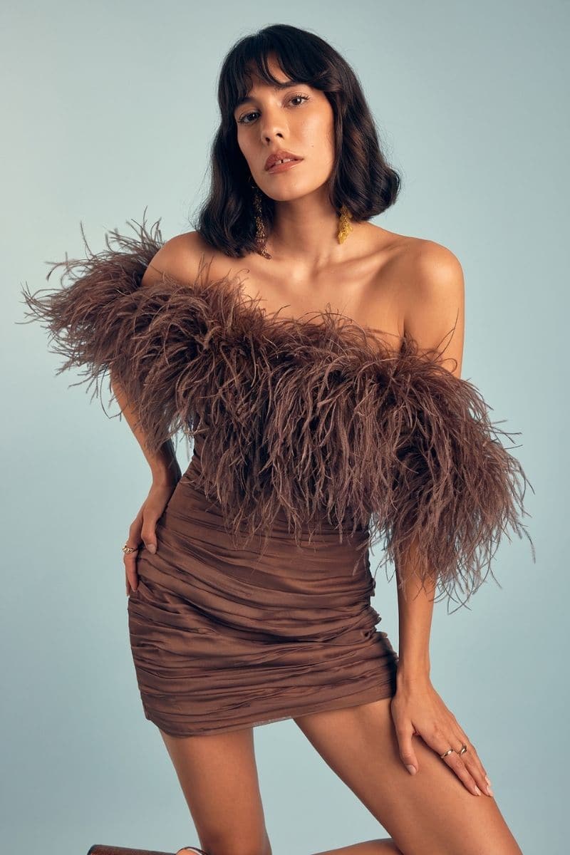 KAIA MOCHA FEATHER MINI DRESS | Nana Gotti | CULT MIA