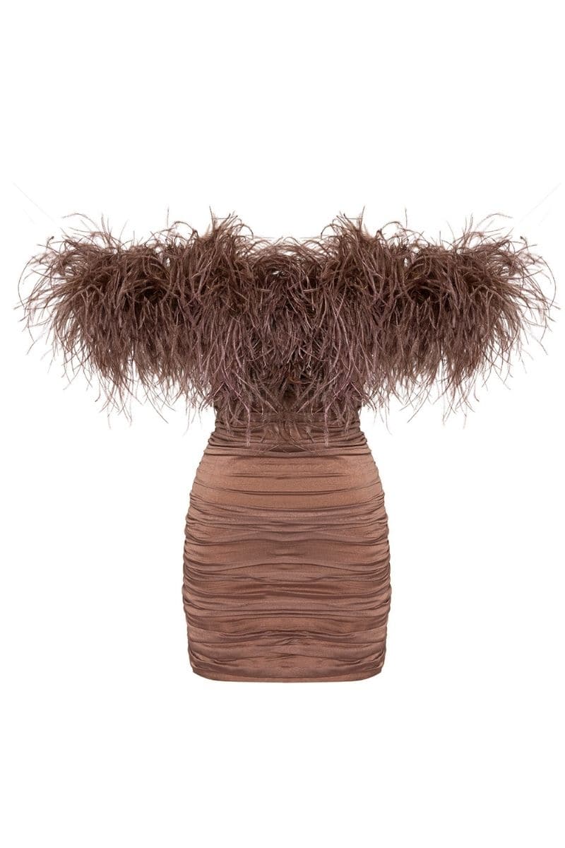 KAIA MOCHA FEATHER MINI DRESS | Nana Gotti | CULT MIA