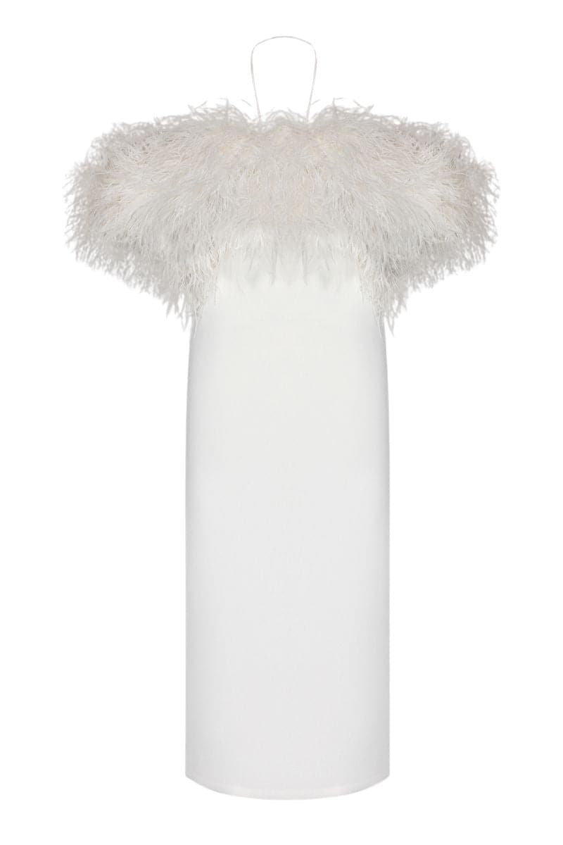 MONIQUE STRAPLESS WHITE FEATHER MIDI DRESS | Nana Gotti | CULT MIA