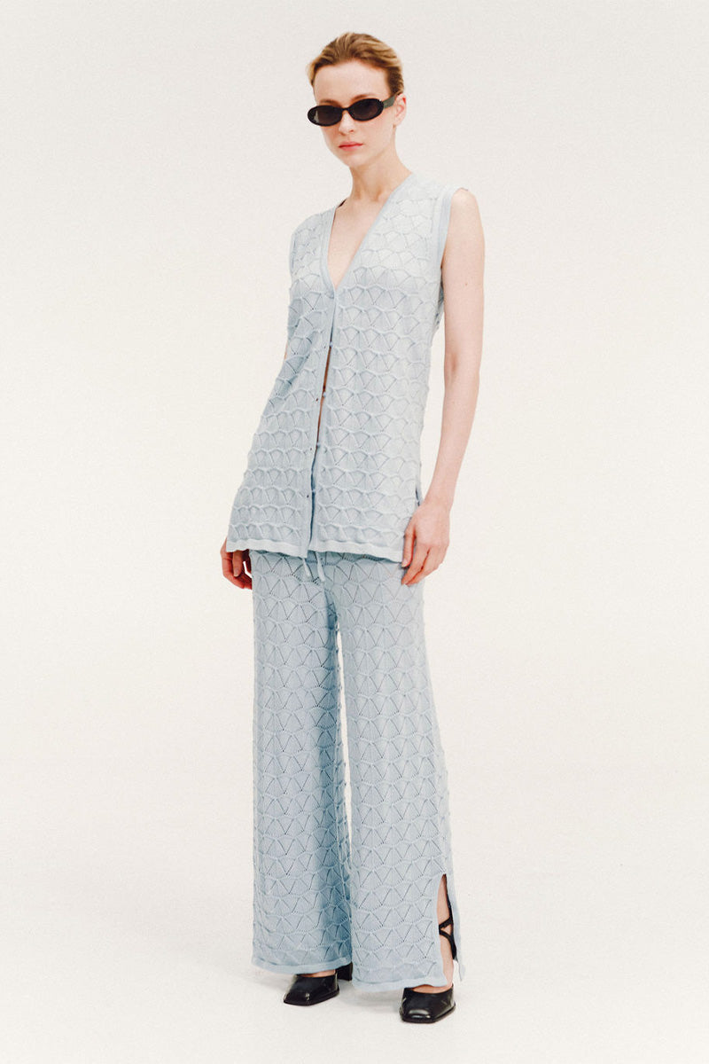 Vorn Design Nautica set in Iceberg co-ords featuring a stylish matching top and pants in cool iceberg blue fabric.