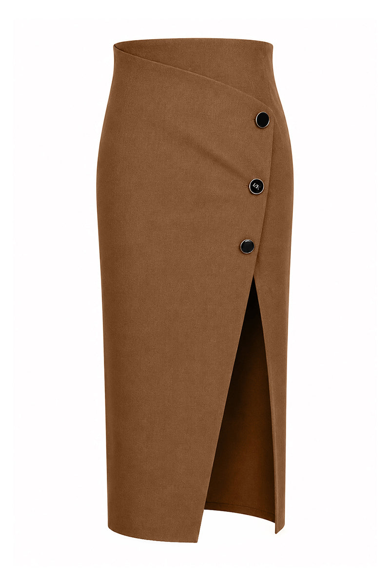 Brown Izakova Neda midi skirt shown with a flowy fabric and midi length, perfect for casual or dressy occasions.