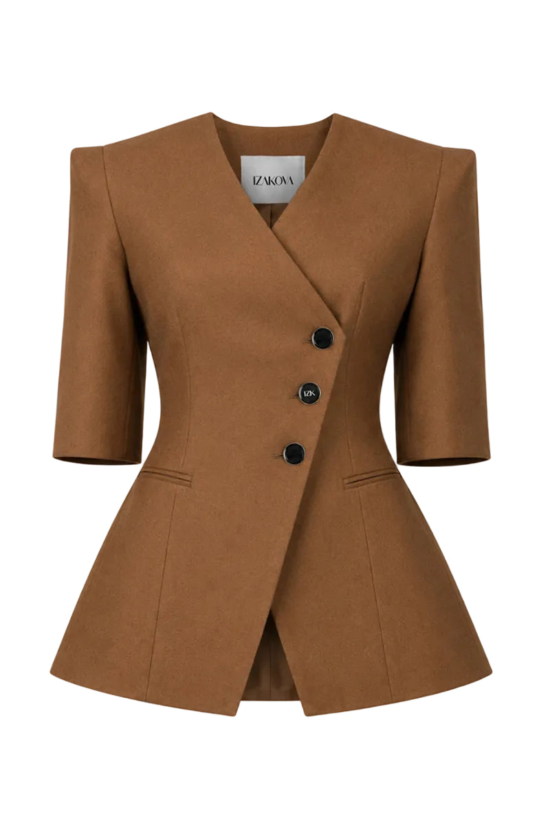 Izakova NELA blazer in brown, tailored fit with lapel collar and button closure, displayed on a hanger.