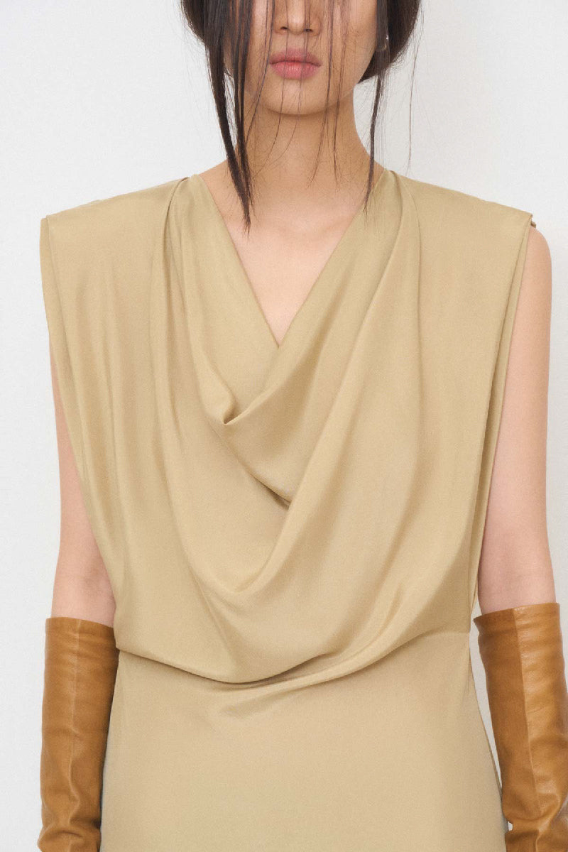 DRAPED NECK LONG DRESS IN BEIGE - CULT MIA