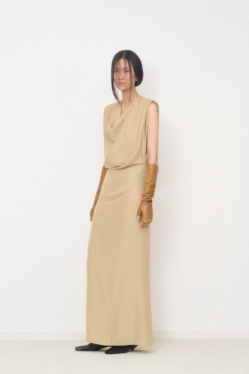 DRAPED NECK LONG DRESS IN BEIGE - CULT MIA