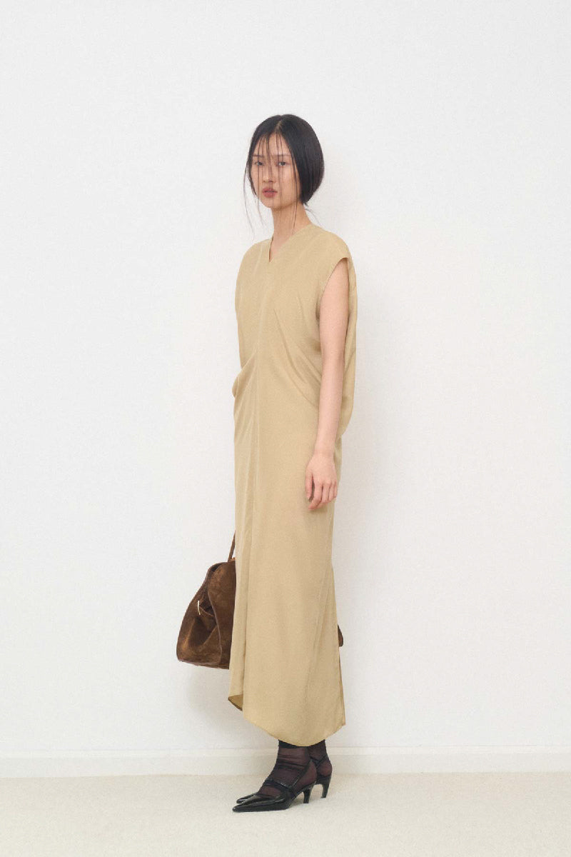 WRINKLED V-NECK DRESS IN GOLDEN - CULT MIA