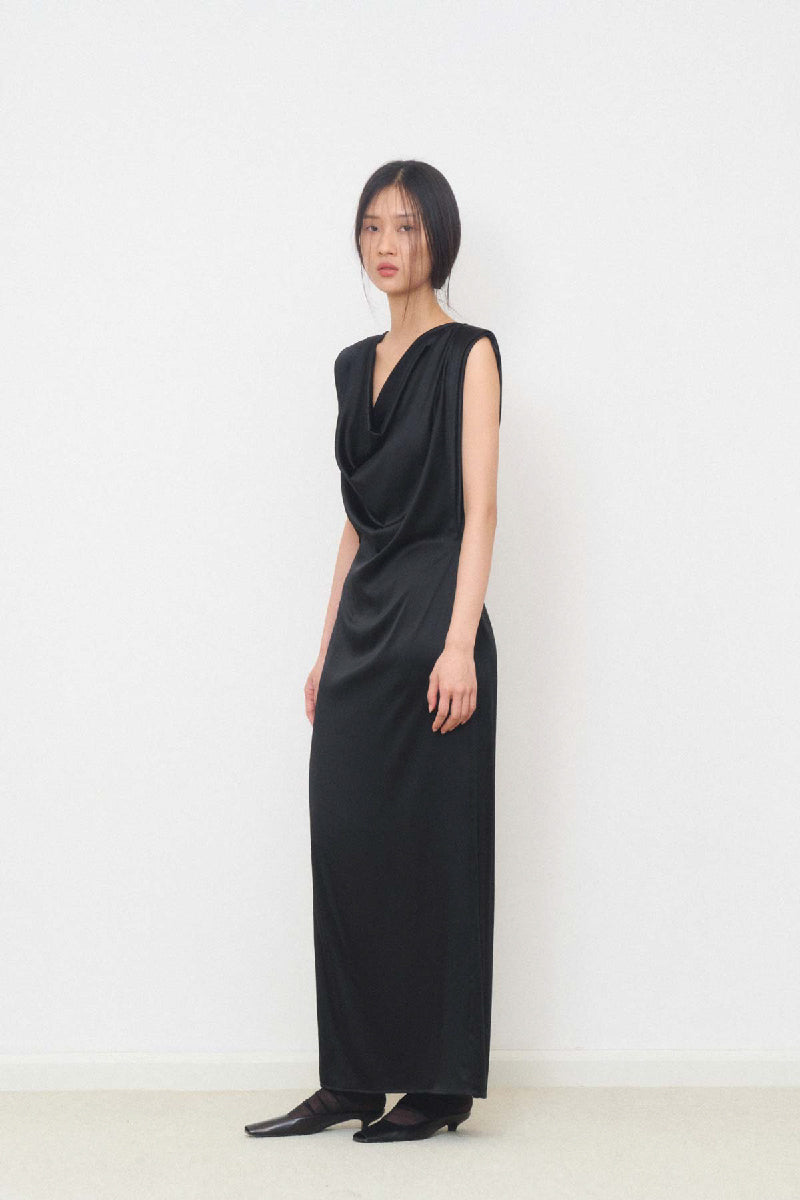 DRAPED NECK LONG DRESS IN BLACK - CULT MIA