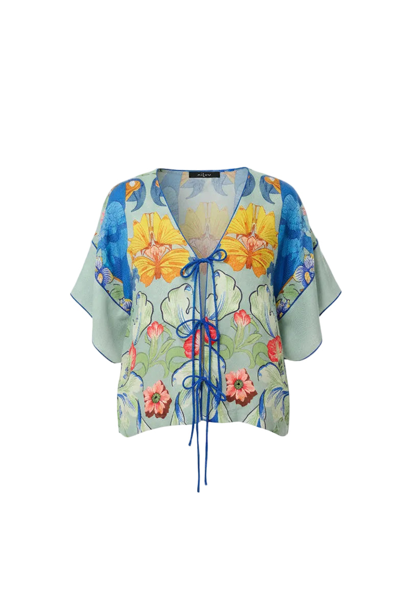 niLuu Carmen tie top in ghost color, featuring a stylish tie detail and lightweight fabric, perfect for casual or dressy occasions.