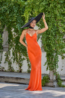 NIUlu Ember Scarlet Slip Dress, a stylish maxi dress with a flowing silhouette and vibrant red color, perfect for elegant occasions.