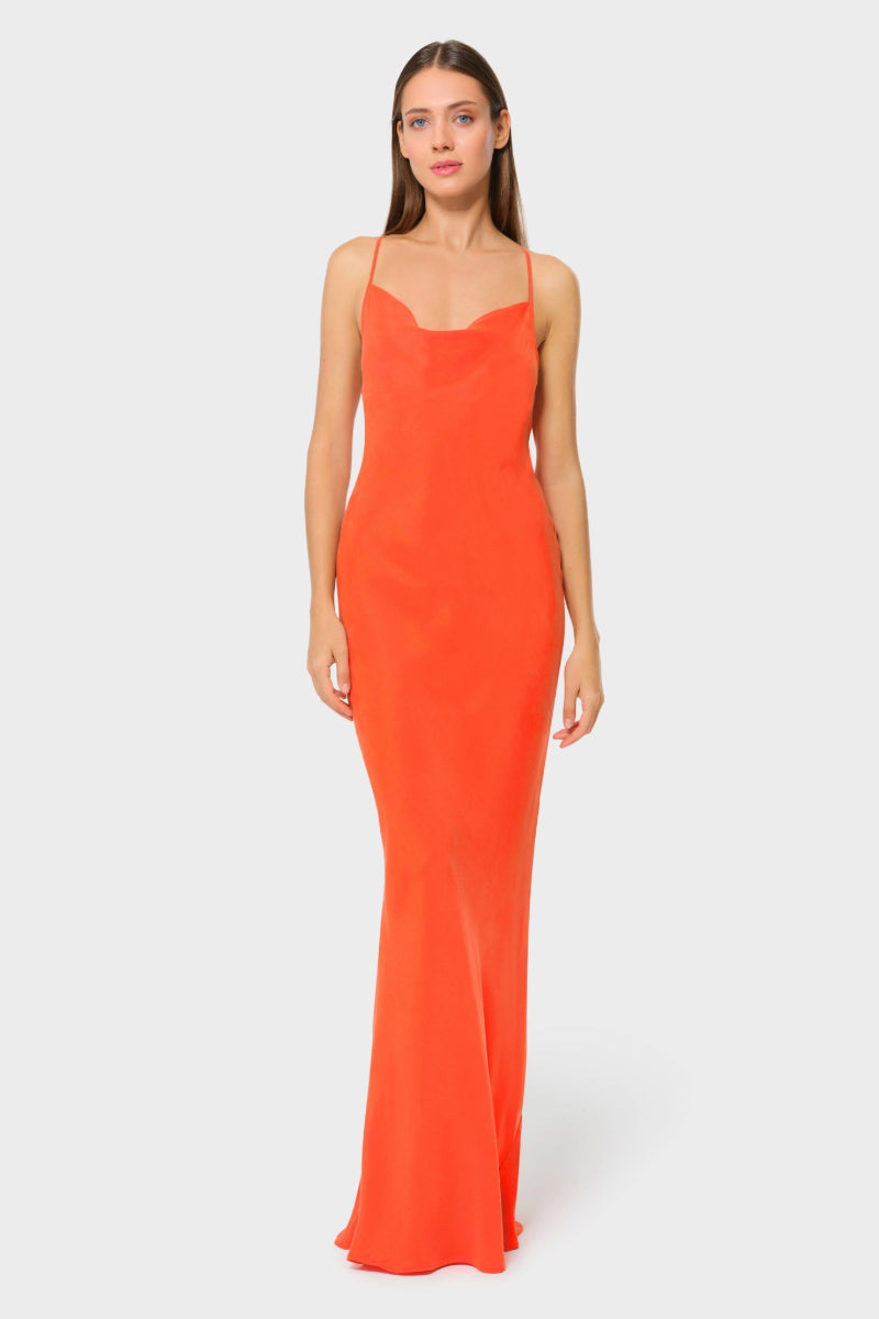 NiLuu Ember Scarlet Slip Dress, a stylish red maxi dress featuring a sleek, elegant design and smooth fabric.