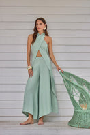 niLuu Jade Palazzo Pants showing flowing, wide-leg design in soft fabric with elastic waistband and vibrant jade color.