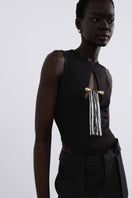 Black Nina fringed bodysuit by SÉLONE with knit details, featuring fringe accents and a fitted, stylish top design.