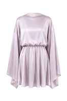 Izakova Nina lavender mini dress displayed on a hanger, showcasing its soft fabric and stylish design.