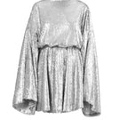 Izakova Nina Silver Sequin Mini Dress showing a stylish short dress with shimmering silver sequins and a fitted silhouette.