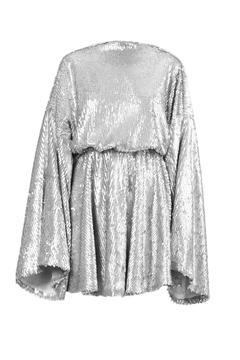 Silver sequin Nina dress by Izakova, a stylish mini dress with shimmering sequins, perfect for evening or party wear.