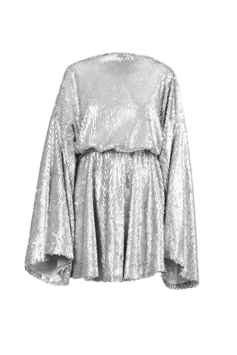 Izakova Nina Silver Sequin Mini Dress showing a stylish short dress with shimmering silver sequins and a fitted silhouette.
