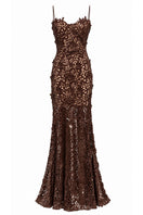 Urban Muse Noira midi dress in brown, elegant gown with a flowing silhouette, perfect for sophisticated occasions.