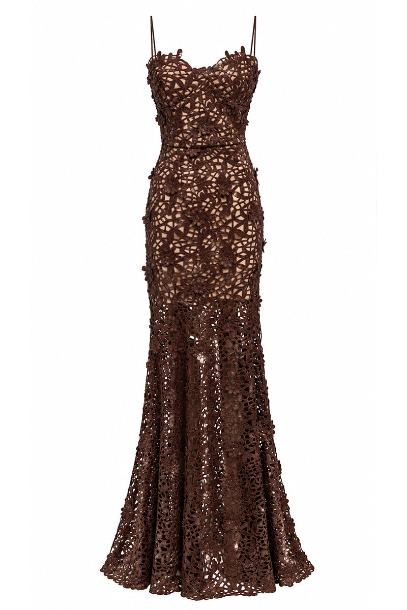 Urban Muse Noira midi dress in brown, elegant gown with a flowing silhouette, perfect for sophisticated occasions.
