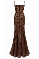 Urban Muse Noira midi dress in brown, elegant gown with a fitted waist and flowing skirt, perfect for sophisticated occasions.
