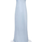 Crystal blue bride-to-be halter neck silk maxi nightgown with removable feather details, elegant and luxurious sleepwear by Not Just Pajama.