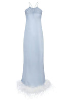 Crystal blue bride-to-be halter neck silk maxi nightgown with removable feather details, elegant and luxurious sleepwear by Not Just Pajama.