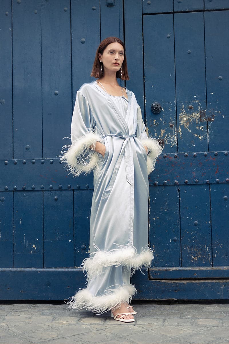Crystal blue silk bride-to-be long robe with removable feather accents, elegant and luxurious from Not Just Pajama.