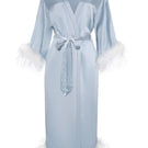 Crystal Blue Bride-to-Be silk long robe with removable feathers, elegant bridal robe by Not Just Pajama, showcasing luxurious fabric and design.