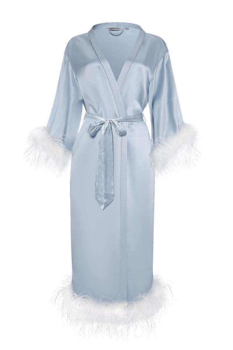 Crystal Blue Bride-to-Be silk long robe with removable feathers, elegant bridal robe by Not Just Pajama, showcasing luxurious fabric and design.