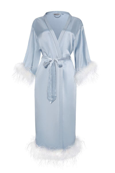 CRYSTAL BLUE BRIDE-TO-BE SILK LONG ROBE WITH REMOVABLE FEATHERS | CULT MIA | Not Just Pajama CRYSTAL BLUE BRIDE-TO-BE SILK LONG ROBE WITH REMOVABLE FEATHERS | CULT MIA | Not Just Pajama
