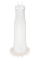 Ivory bride-to-be halter neck silk maxi dress with removable feathers, elegant and flowing for special occasions.