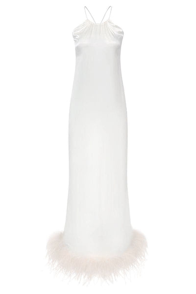 maxi pajama dress Not Just Pajama IVORY BRIDE-TO-BE HALTER NECK SILK MAXI DRESS WITH REMOVABLE FEATHERS