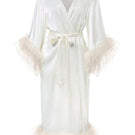 Ivory silk bride-to-be long robe with removable feathers from Not Just Pajama, featuring elegant design and delicate details.