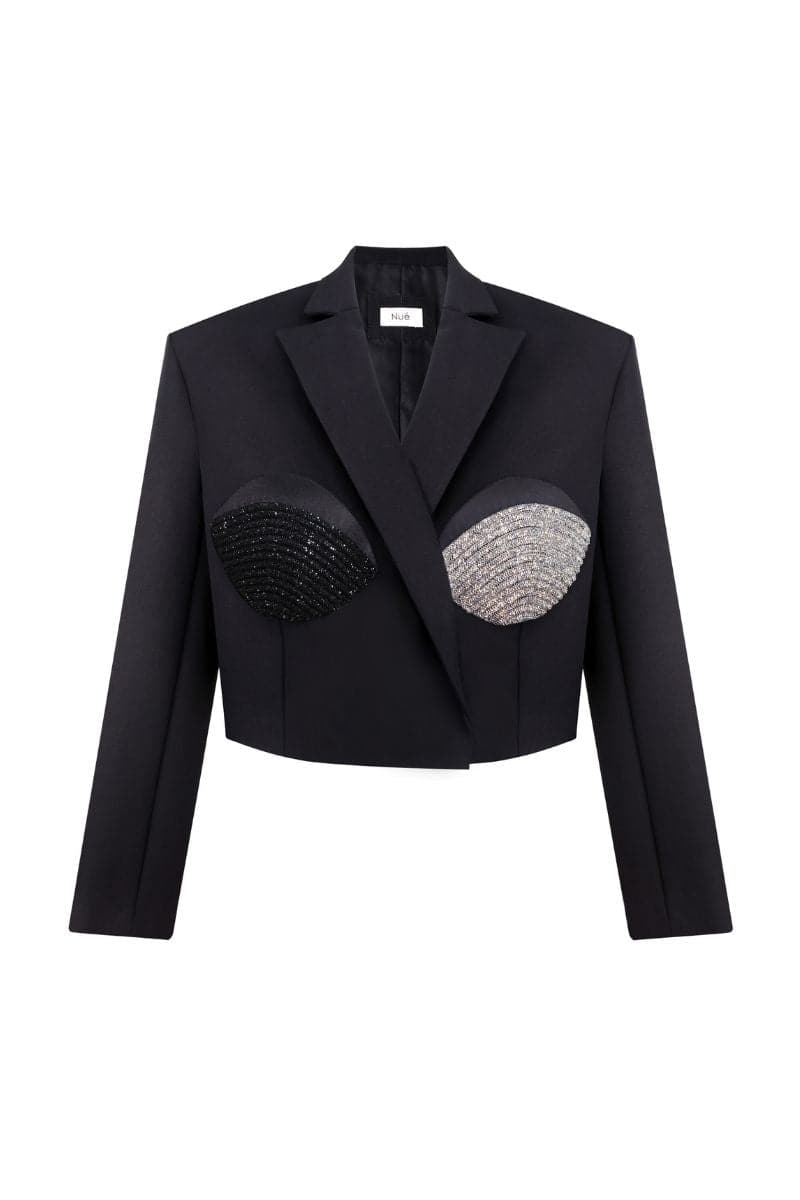 Nué cropped spiral black and silver blazer, stylish blazer with black and silver metallic details, slim fit and modern design.