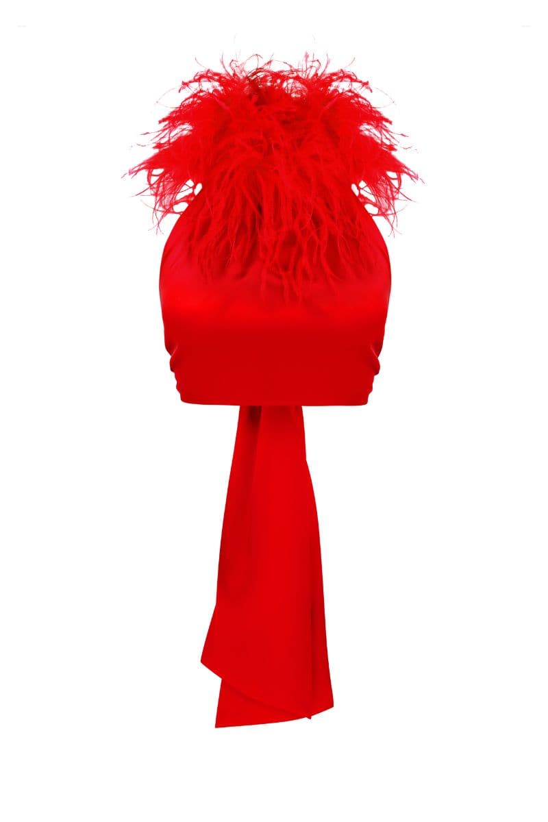 Red Cult Mia X Nué Studio Kaia Feathers Top, stylish sleeveless fashion piece with feather details and modern design.