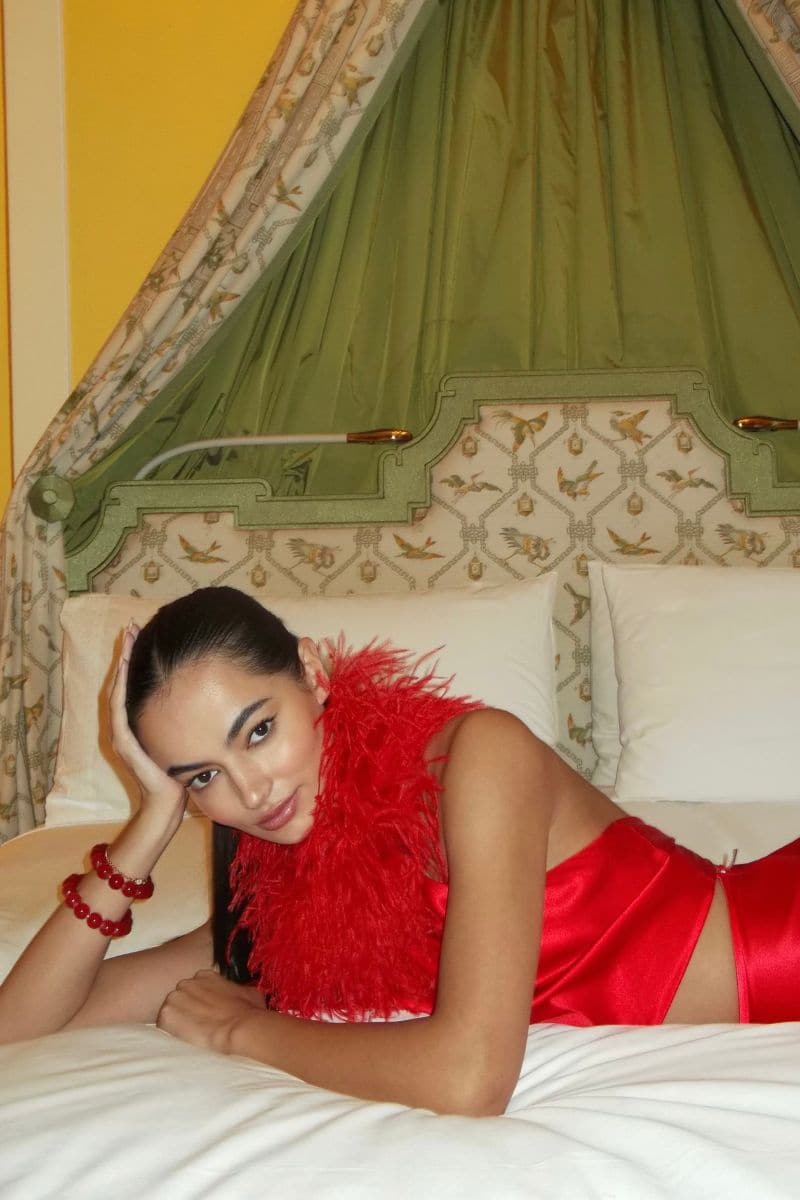 Red Cult Mia X Nué Studio Kaia Top with feather details, stylish women's fashion top from Nué.
