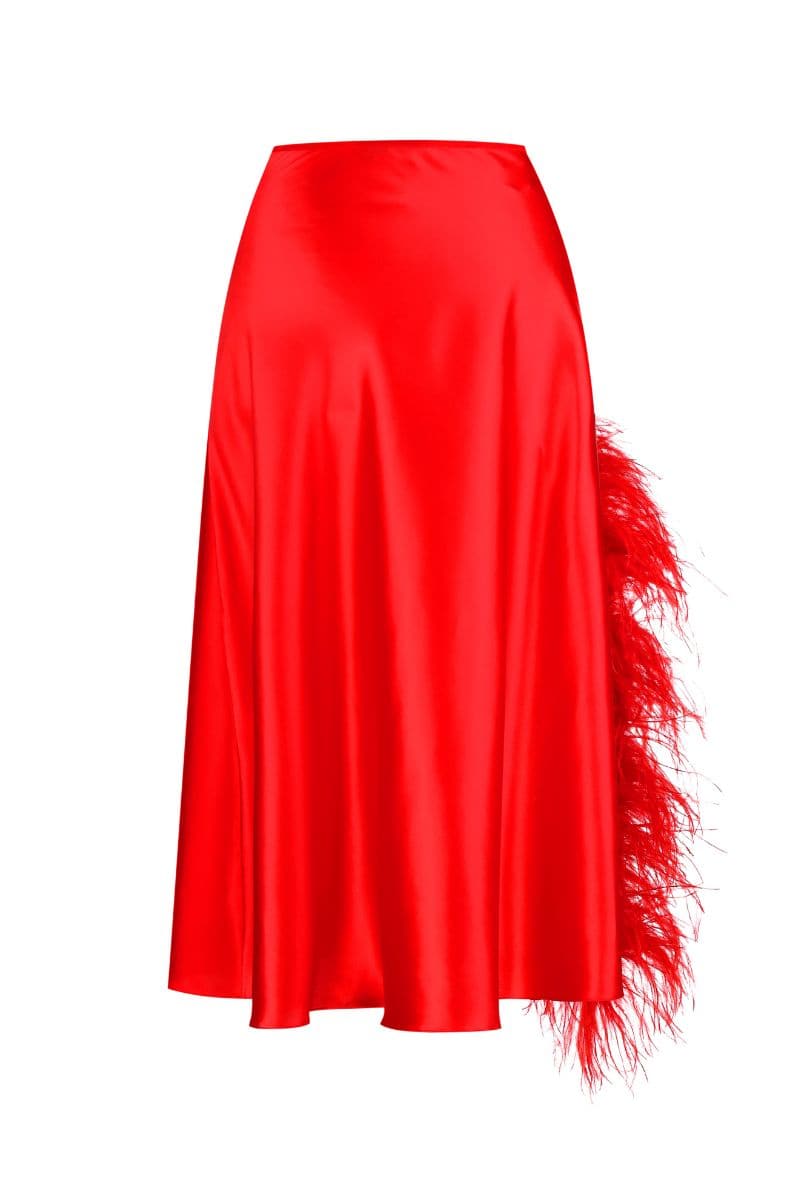 Red Nué Cult Mia X Nué Studio Laetitia feather midi skirt displayed on a hanger.