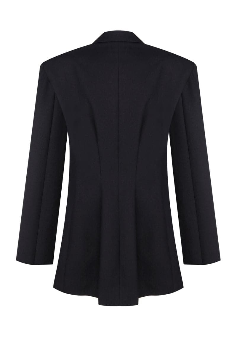 Nué tailored spiral black blazer for women, featuring a sleek fit and modern design, displayed on a mannequin.