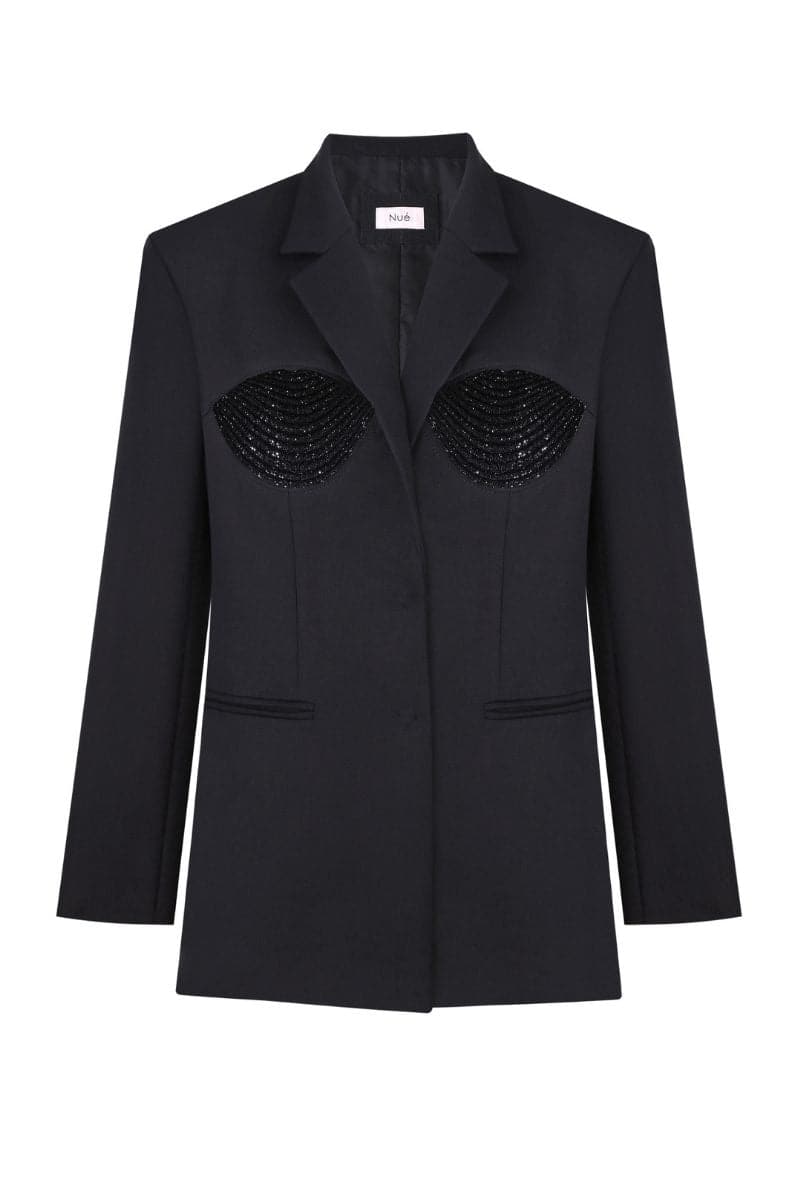 Nué tailored spiral black blazer for women, stylish blazer with a fitted design, shown on a mannequin.