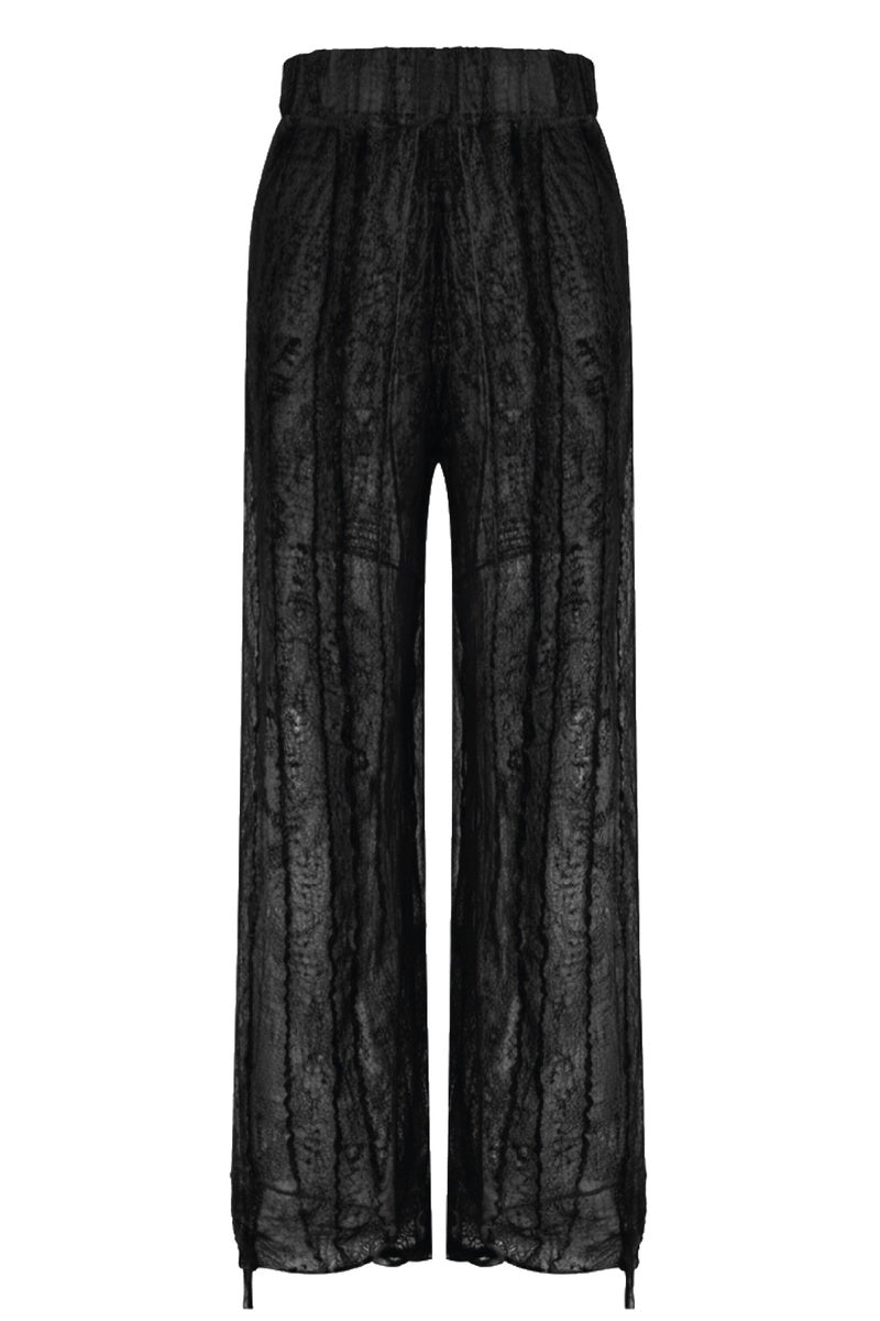 Black NUNO lace culotte trousers by MAZ Manuela Álvarez featuring a relaxed fit and delicate lace detailing, styled for casual wear.