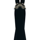Black Nur Karaata Savoy V-Neck Fishtail Gown featuring a fitted silhouette and elegant design, perfect for formal occasions.