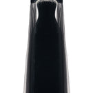 Black velvet body gown with cape details from Happy Clothing, featuring a fitted silhouette and flowing cape design.