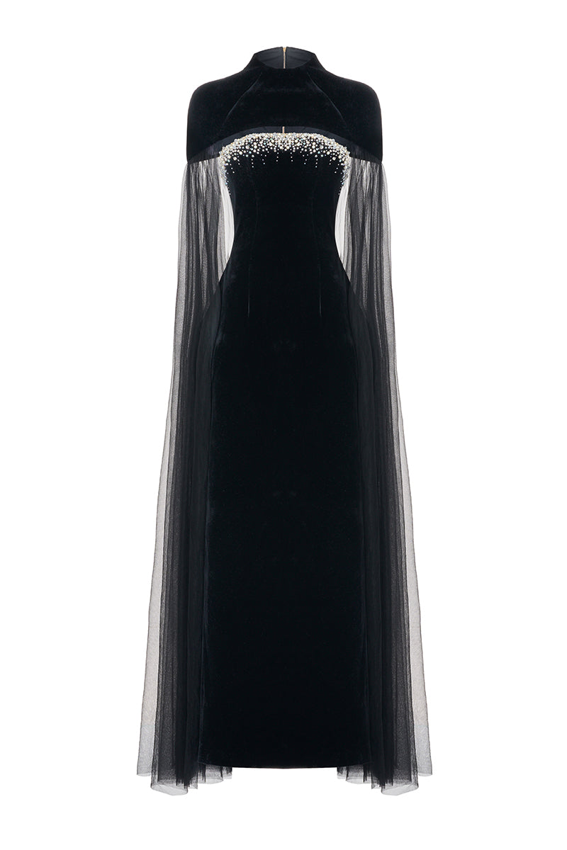 BLACK VELVET BODY MAXI DRESS WITH CAPE DETAILS