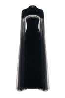 Black velvet body gown with cape details from Happy Clothing, featuring a fitted silhouette and flowing cape design.