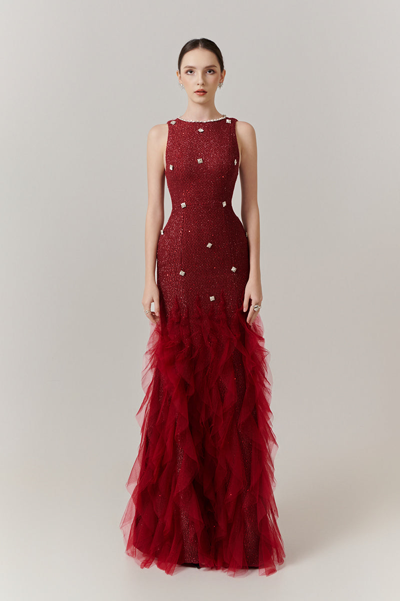 Red Potter Mermaid Jewel Neck Organza Gown by Happy Clothing, featuring a fitted mermaid silhouette and elegant jewel neckline.