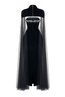 Black velvet gown with cape details by Happy Clothing, featuring a flowing silhouette and elegant design.