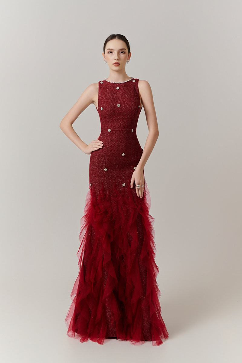 POTTER MERMAID JEWEL NECK ORGANZA MAXI DRESS IN RED - CULT MIA