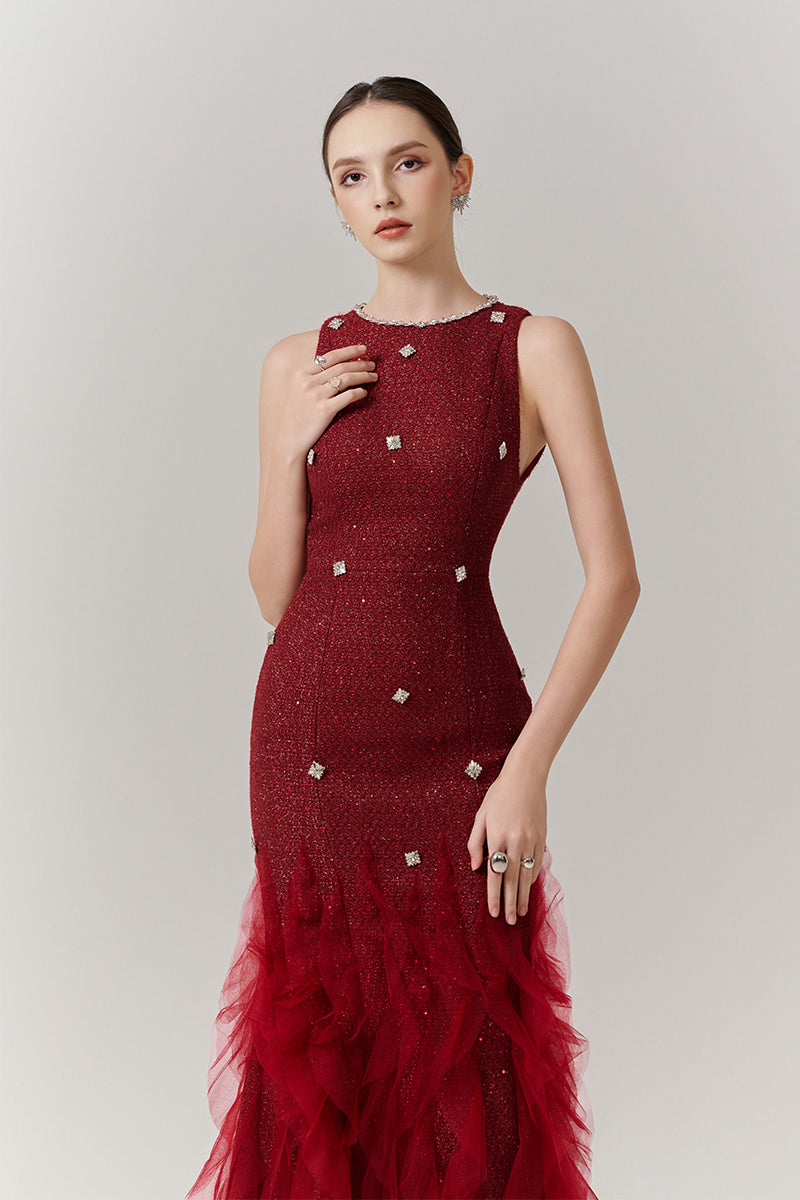 POTTER MERMAID JEWEL NECK ORGANZA MAXI DRESS IN RED - CULT MIA