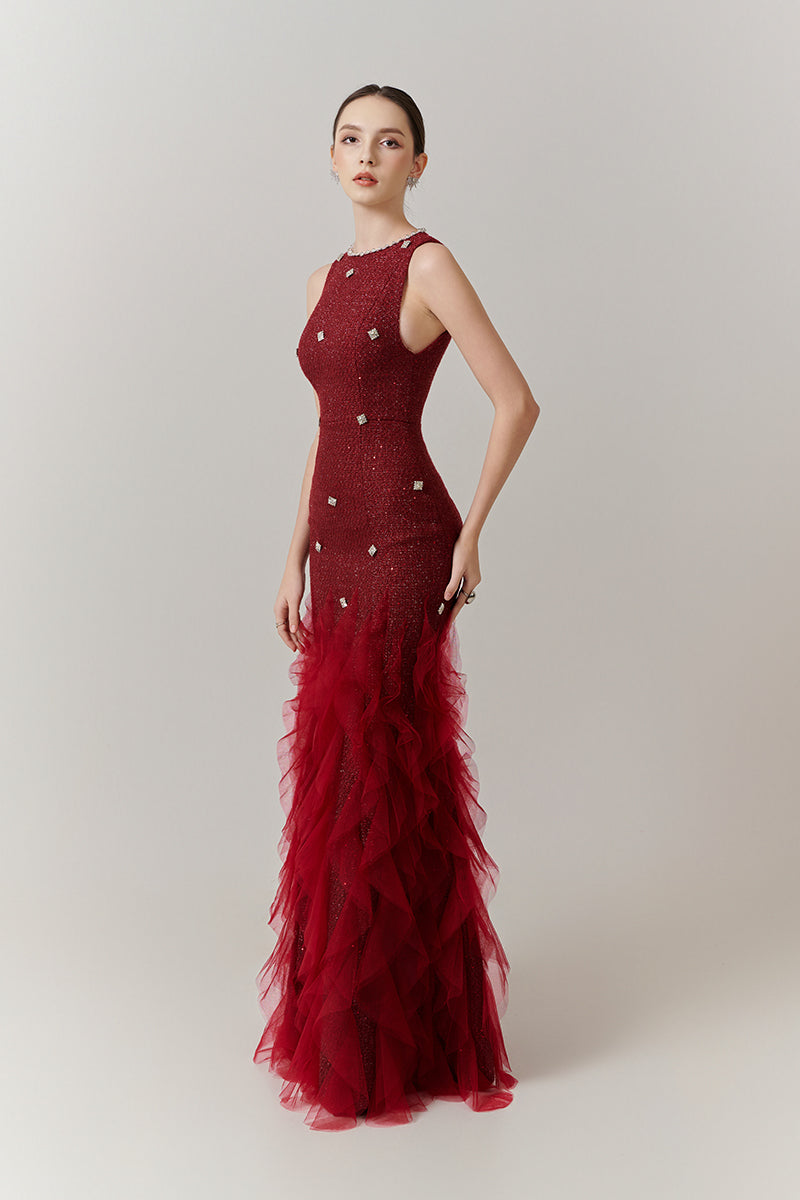 POTTER MERMAID JEWEL NECK ORGANZA MAXI DRESS IN RED - CULT MIA