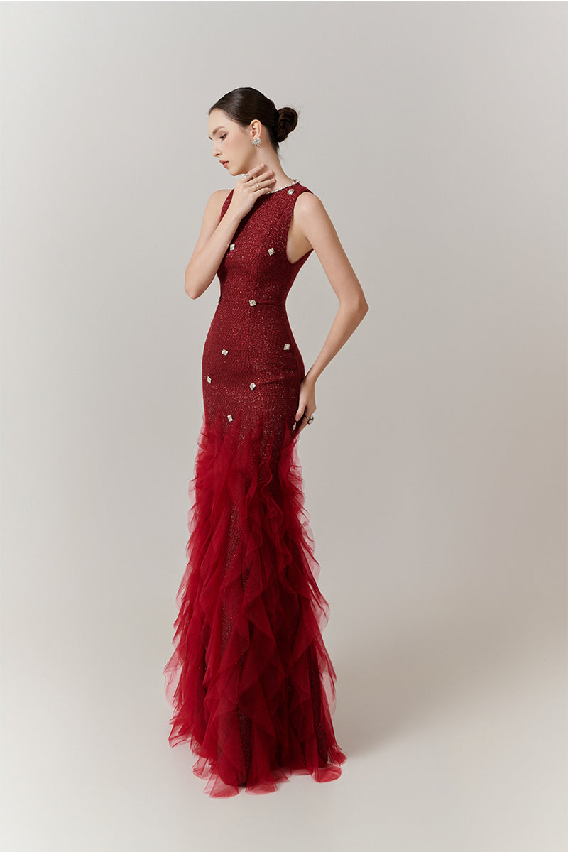 POTTER MERMAID JEWEL NECK ORGANZA MAXI DRESS IN RED - CULT MIA